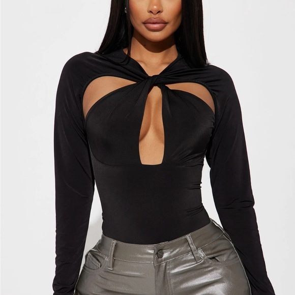 Fashion Nova Tops - Fashion Nova-Black Long Sleeve Twist Front Cutout Bodysuit
